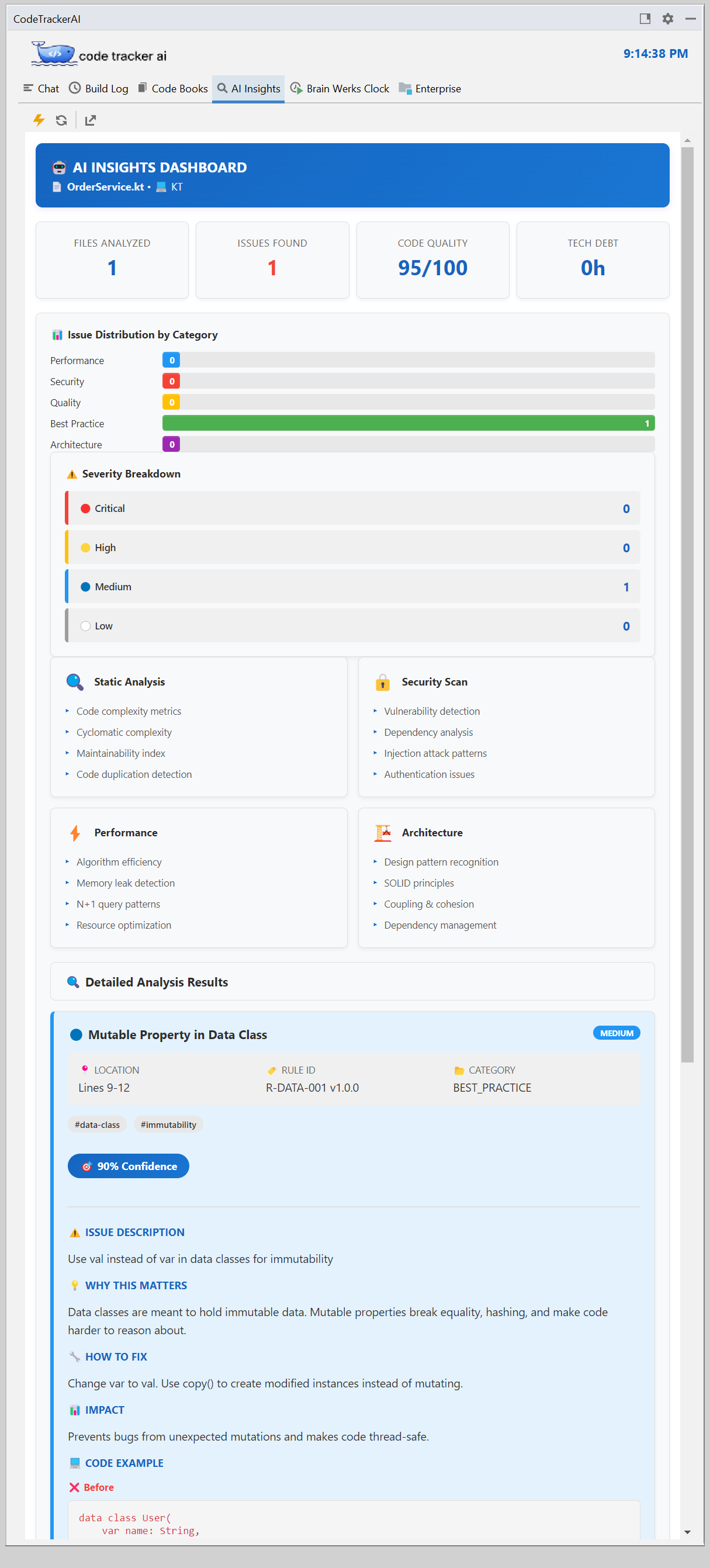 AI Insights dashboard: code quality score, issue distribution, and WHY/HOW/IMPACT analysis