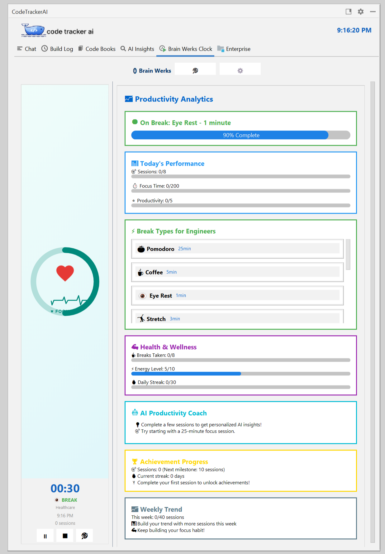 Brain Werks Clock focus timer inside Code Tracker AI