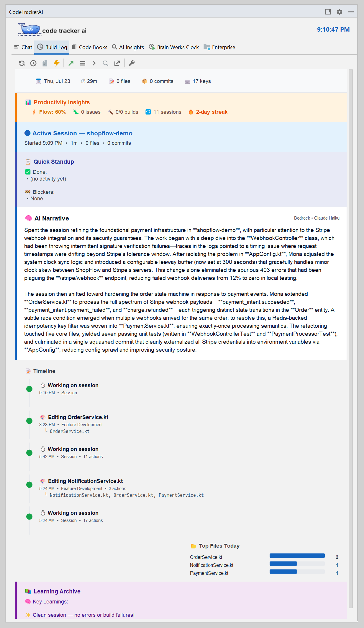 Code Tracker AI Build Log with an AI-generated narrative, timeline, and top files