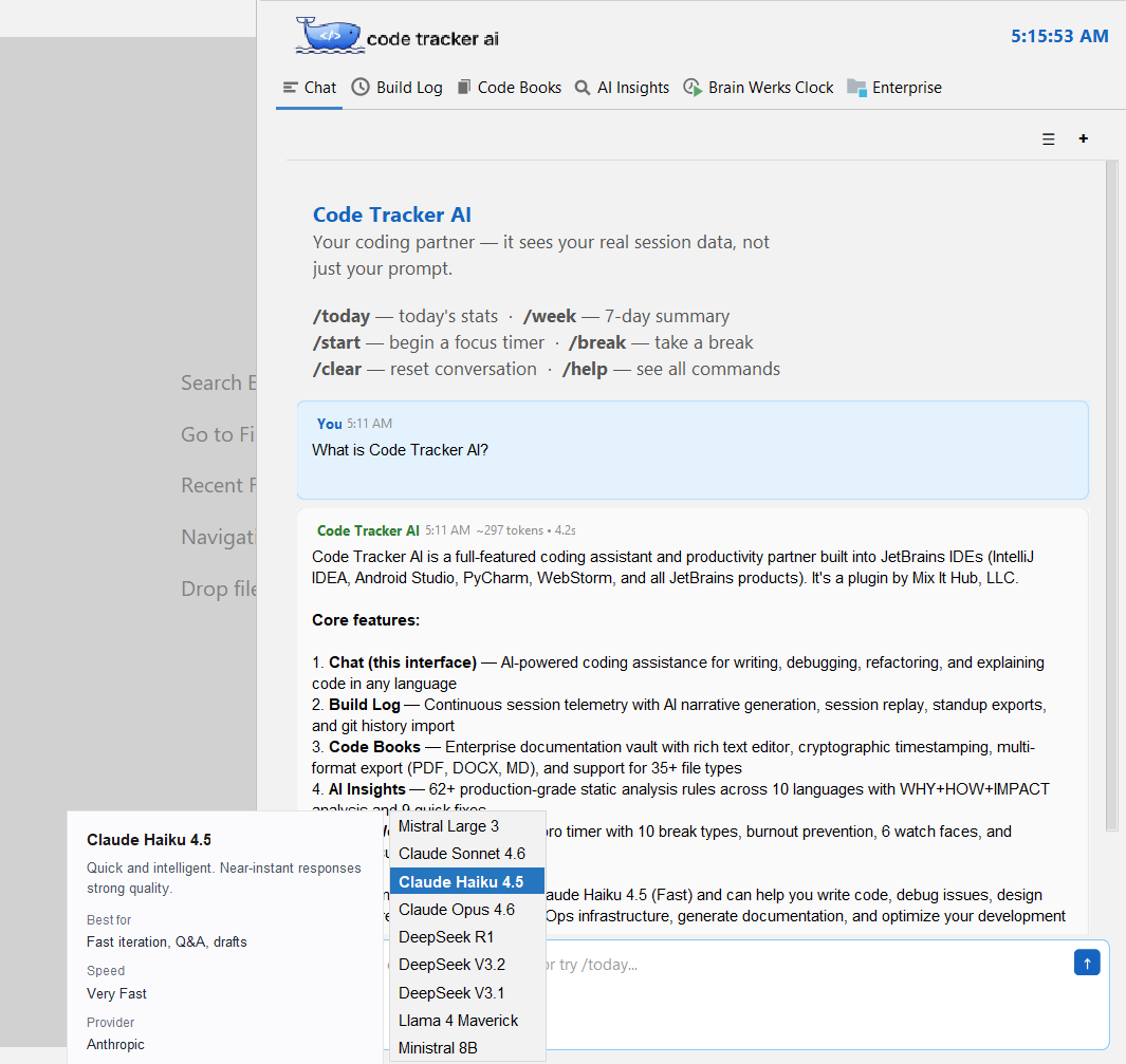 Code Tracker AI chat panel answering a question inside a JetBrains IDE, with a model picker